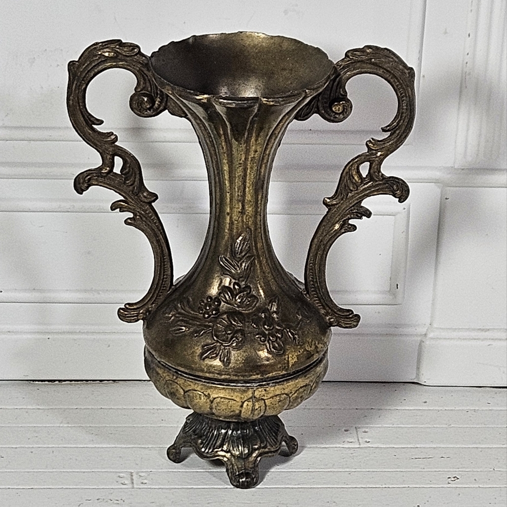 Vintage Italian Brass Miniature Brass Vase 2-Handle Ornate Secret Bottom